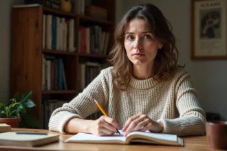 Femme étudiant la grammaire française et l'accord du participe passé dans un bureau à domicile avec des livres de conjugaison
