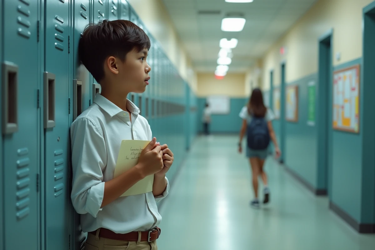 Adolescent amoureux transi dans un couloir scolaire tenant une lettre d'amour, regardant avec nostalgie une camarade qui s'éloigne