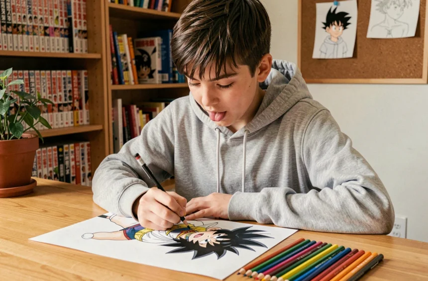 Adolescent coloriant un personnage Dragon Ball avec des crayons de couleur à son bureau