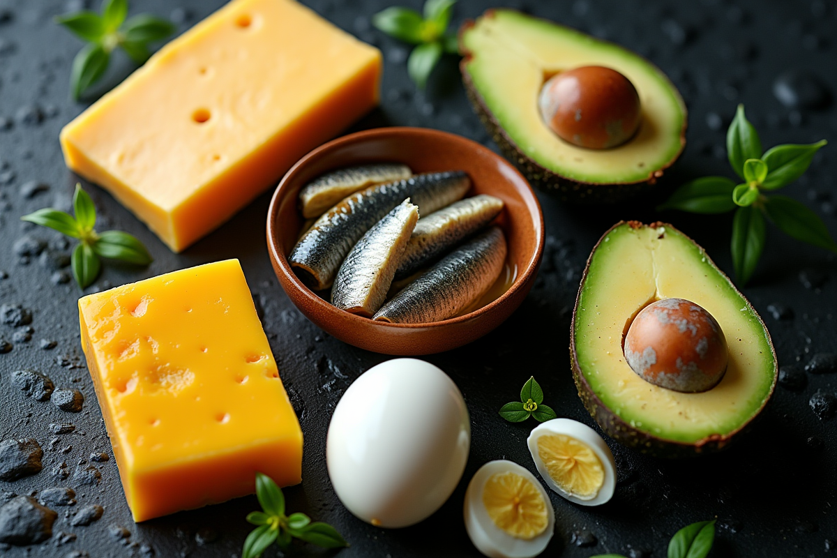 Gros plan sur aliments riches en vitamine D comme avocat et sardines