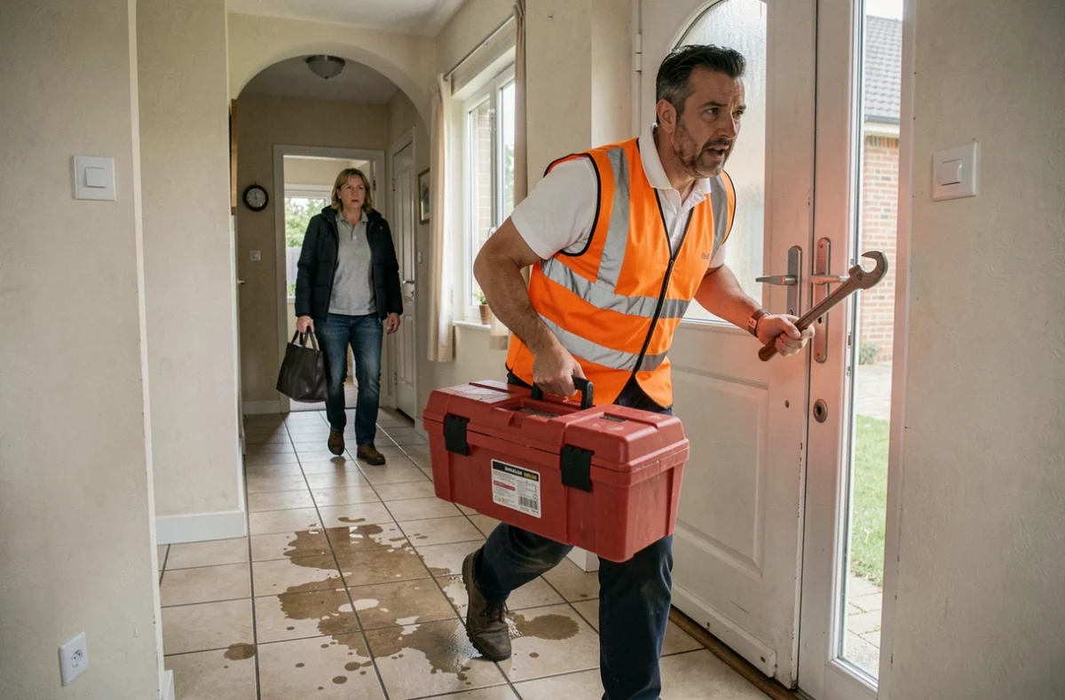 Plombier d'urgence arrivant rapidement au domicile d'un client dans la Sarthe avec sa caisse à outils