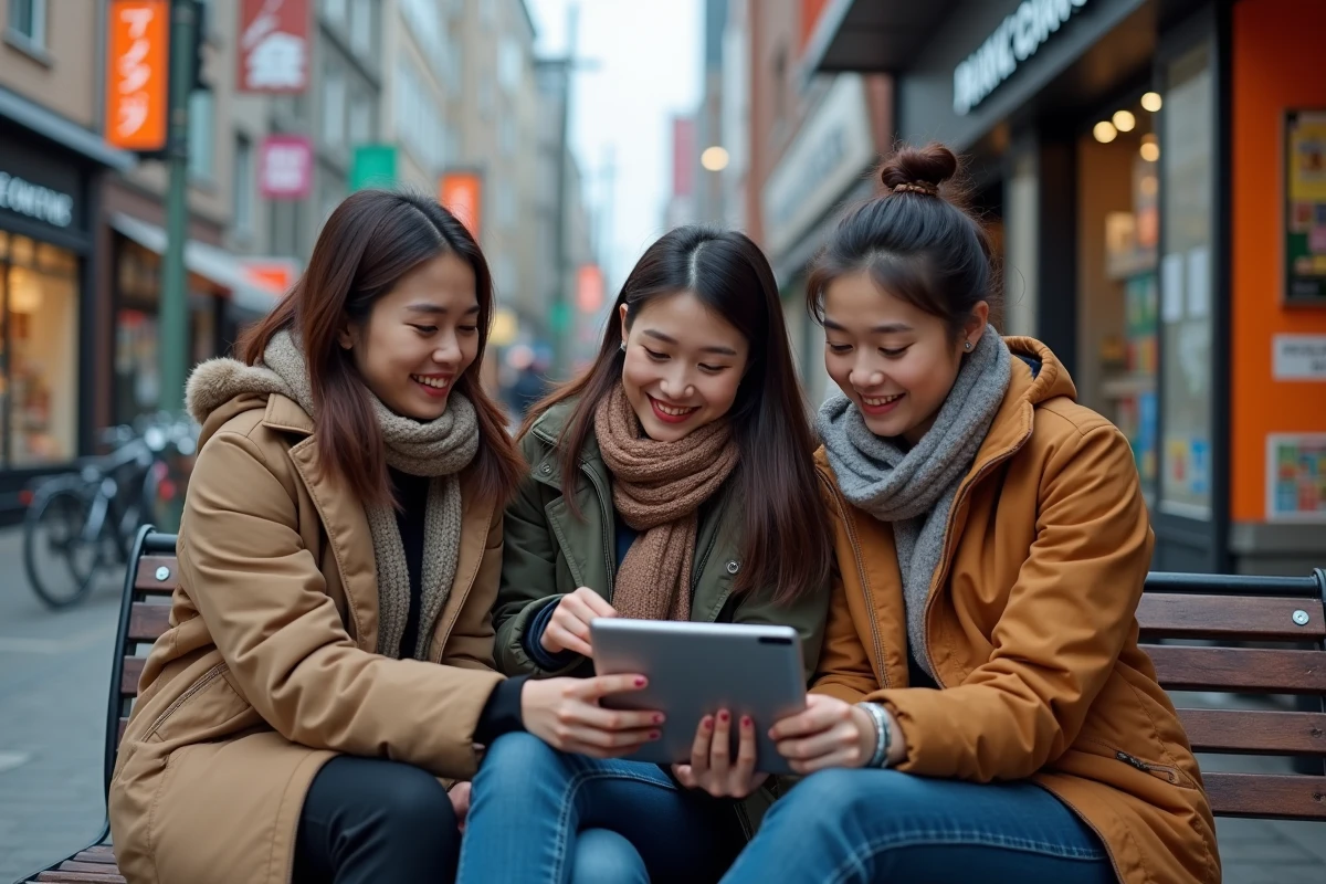 Trois amis souriants partageant une tablette en ville