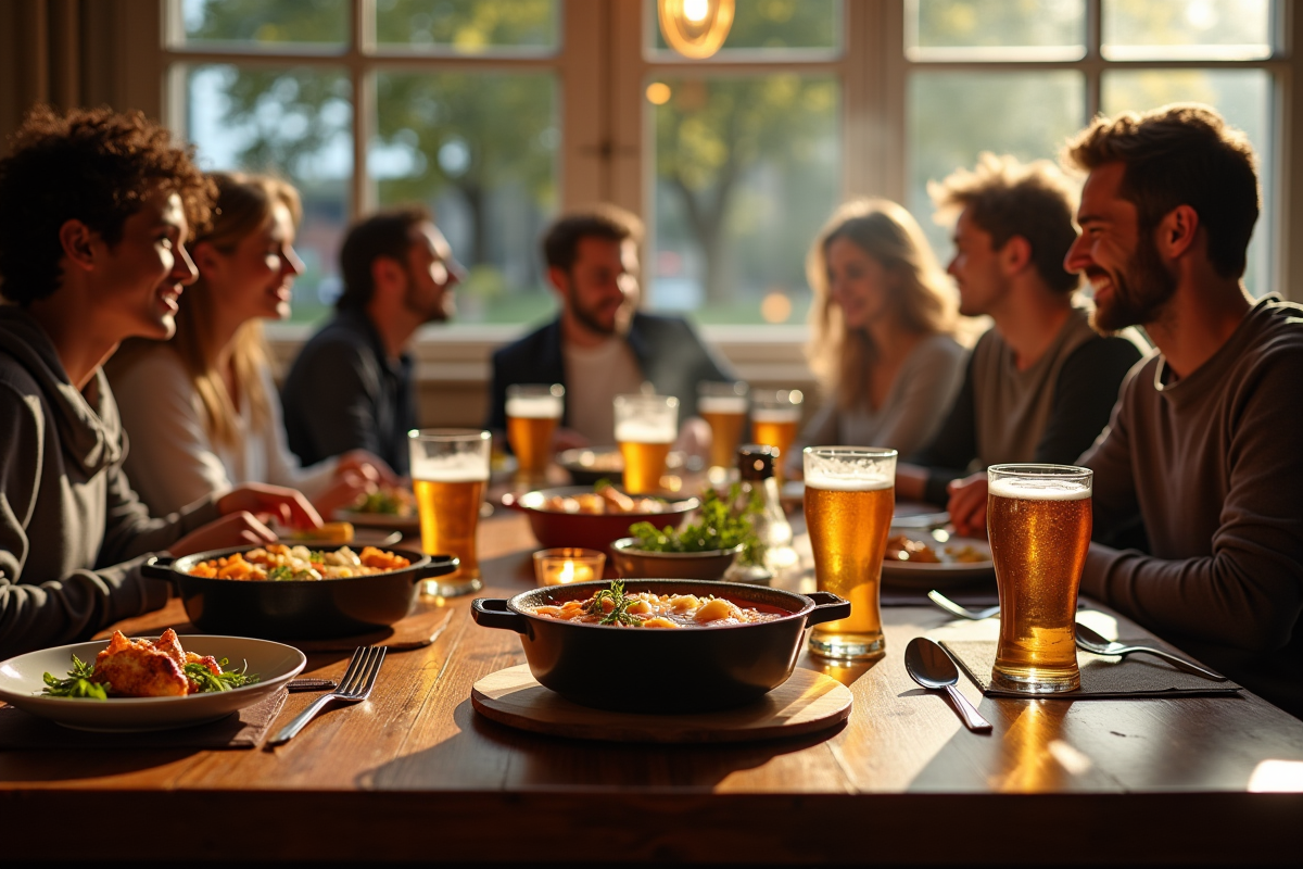 Amis partageant un repas de carbonade flamande dans un bistrot belge