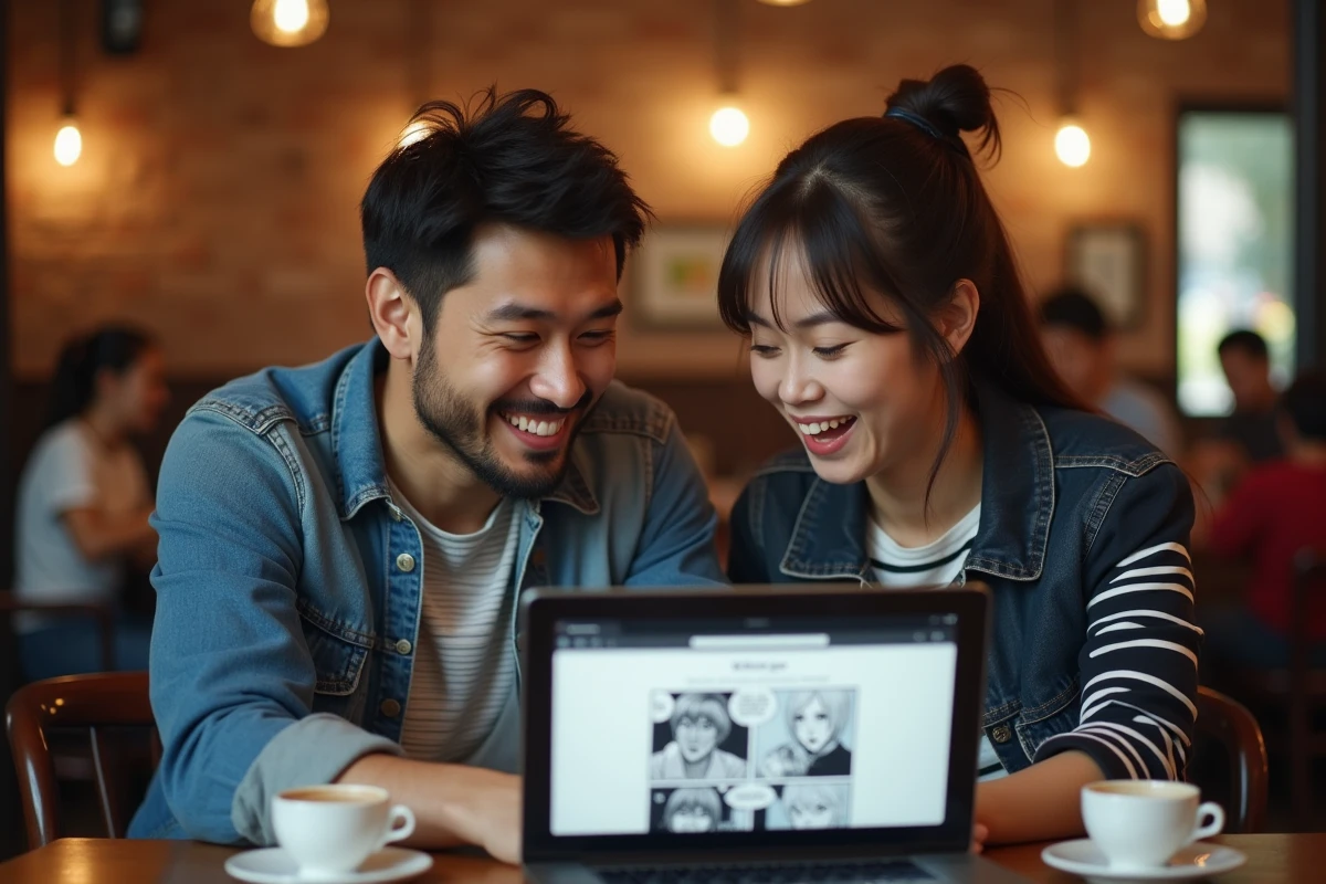 Deux amis lisant des scans One Piece et discutant de spoilers devant un ordinateur portable dans un café