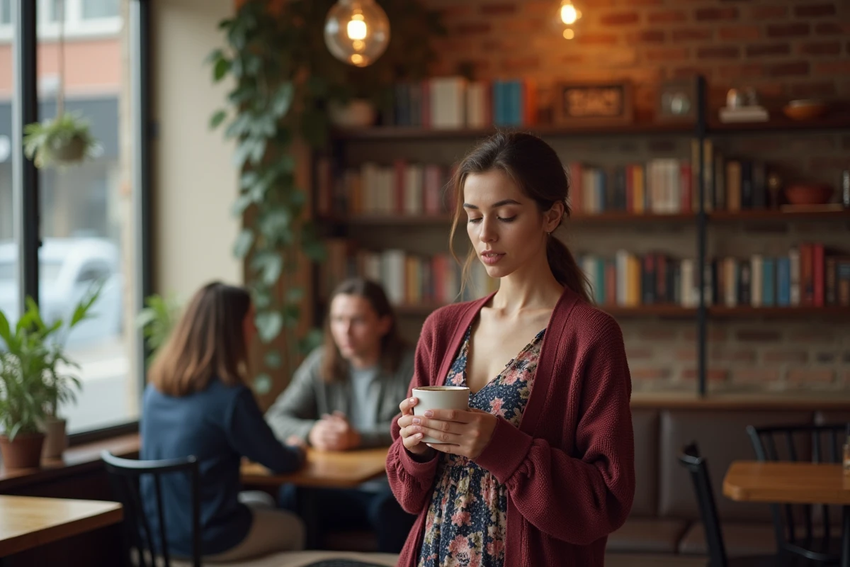 Femme amoureuse transie dans un café parisien, tenant une tasse de café avec une expression rêveuse et mélancolique