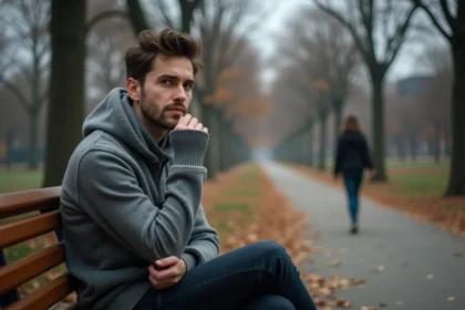 Jeune homme amoureux transi assis seul sur un banc de parc en automne, regard mélancolique tourné vers une silhouette féminine qui s'éloigne