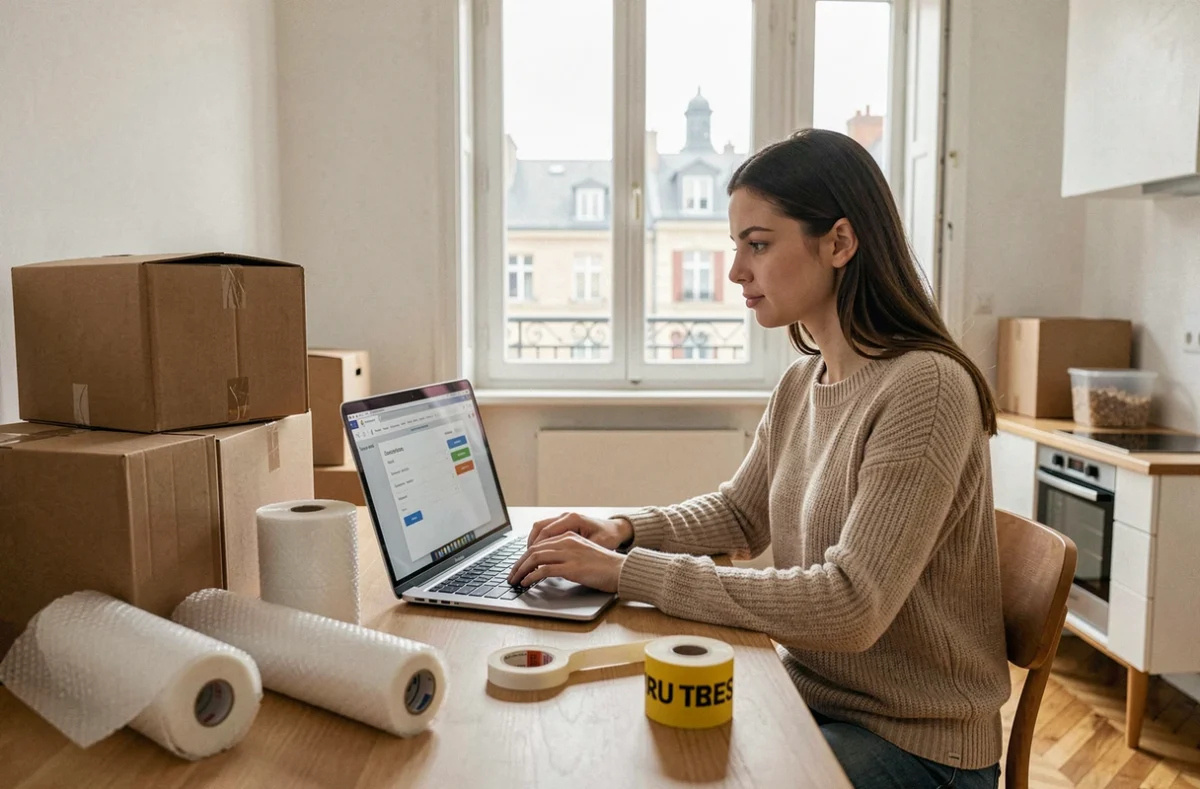 Femme réservant les services d'AnyVan France SAS en ligne depuis son appartement en cours de déménagement