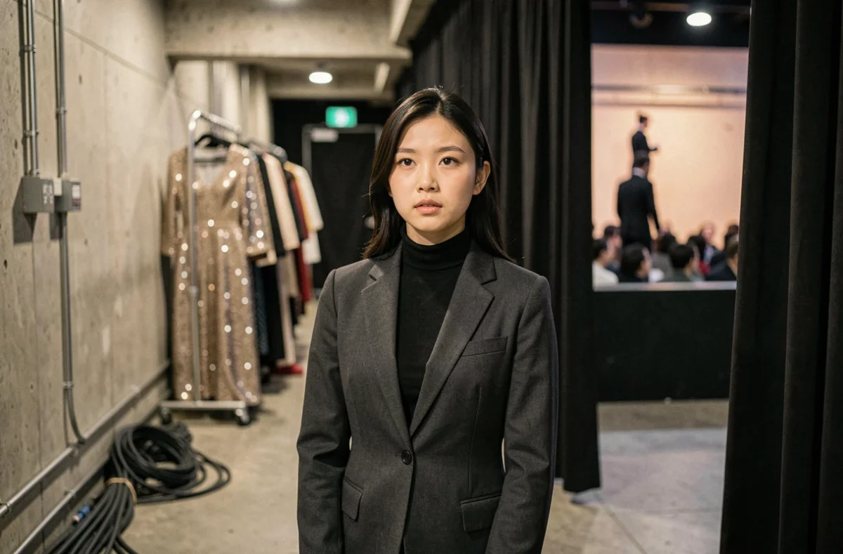 Jeune artiste coréenne en coulisses avant sa première scène officielle, illustrant le passage du statut de trainee à celui d'idole K-pop