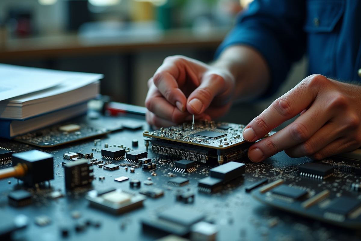 Mains assemblant un microcontroleur sur un plan de travail