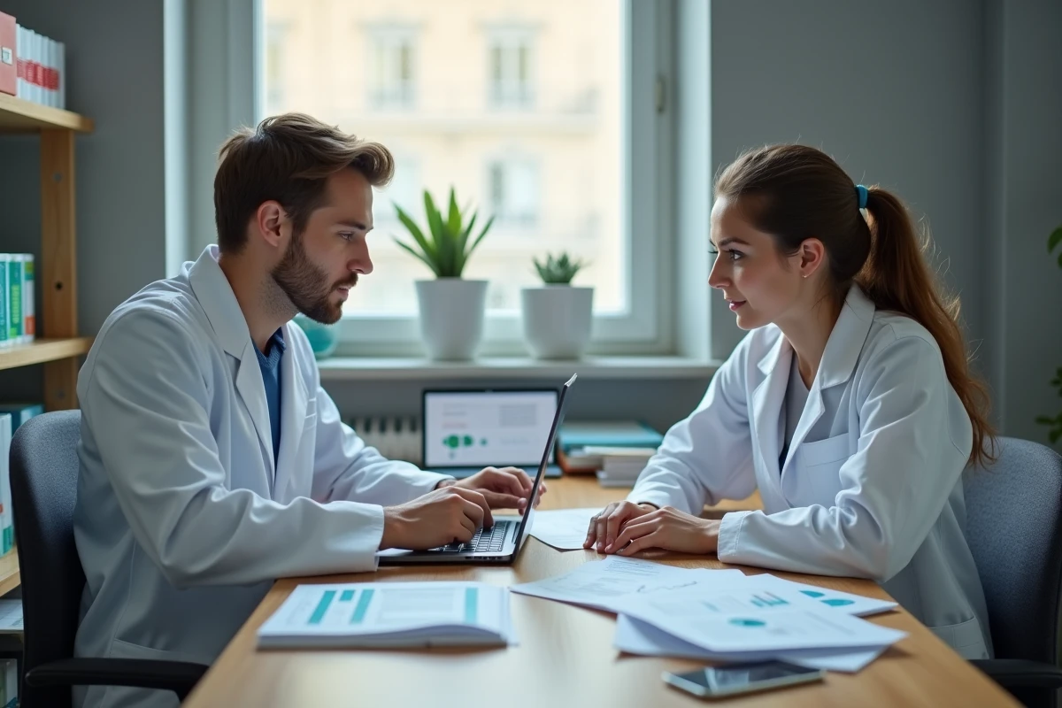 Deux jeunes pharmaciens associés examinant les documents financiers de leur pharmacie récemment ouverte à Nice