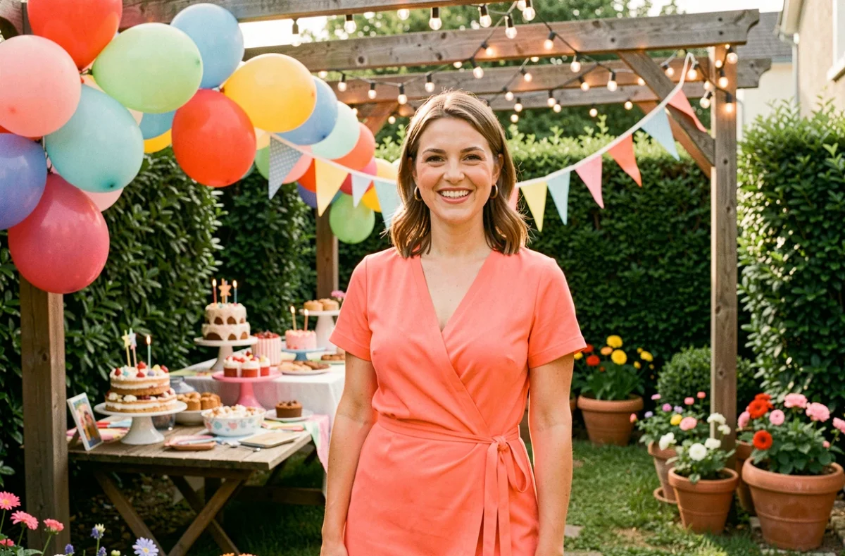 Organisatrice de fêtes en robe corail devant une décoration de jardin festif à Boussy-Saint-Antoine pour Aurore Faust