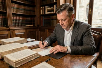 Avocat annotant un texte juridique sur le bureau d'un cabinet de droit civil français, illustrant l'analyse de l'article 544 du Code civil