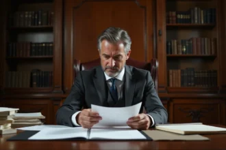 Avocat en costume gris consultant le Code civil dans un bureau juridique traditionnel, illustrant la responsabilité précontractuelle selon l'article 1112-1