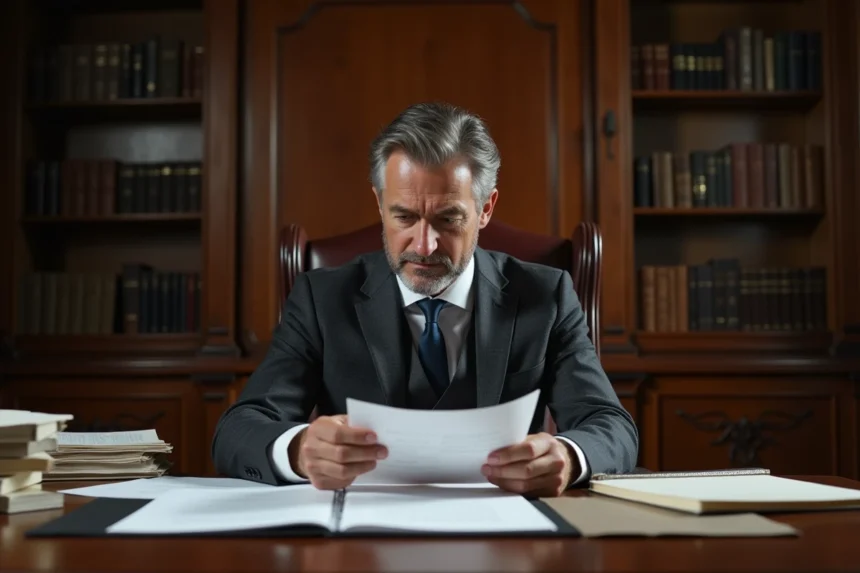 Avocat en costume gris consultant le Code civil dans un bureau juridique traditionnel, illustrant la responsabilité précontractuelle selon l'article 1112-1