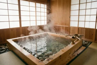 Intérieur d'un bain thermal japonais traditionnel en bois de cèdre avec vapeur naturelle et pierres de rivière