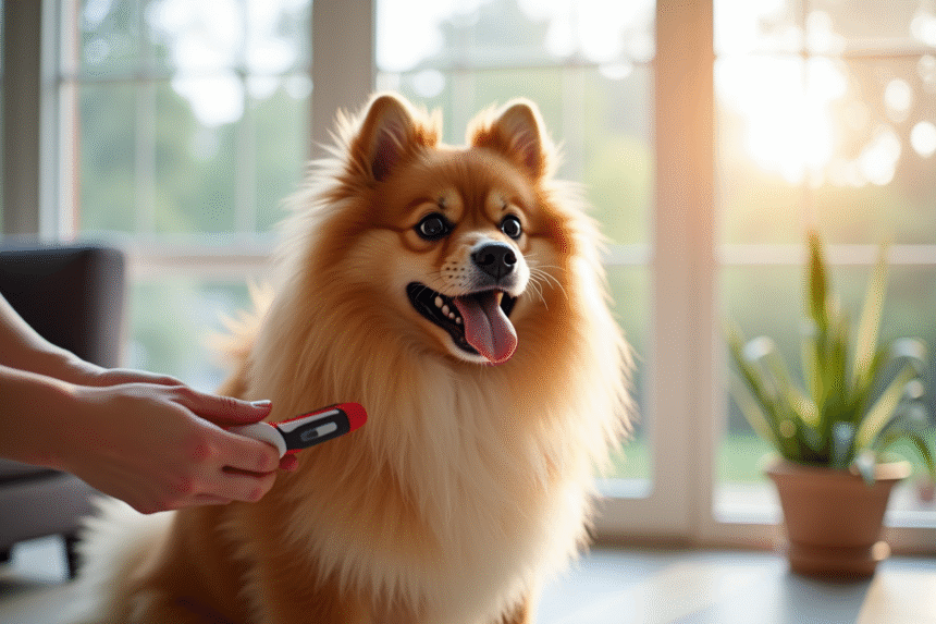 Chien berger allemand heureux brossé dans un salon lumineux