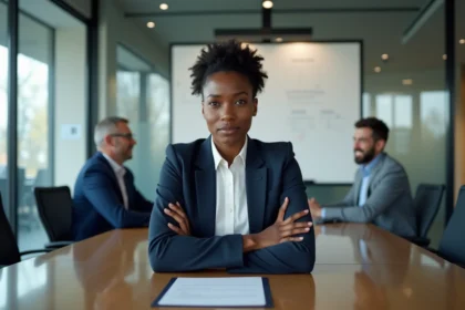 Professionnelle noire mal à l'aise face à des collègues qui rient lors d'une réunion d'entreprise, illustrant une blague raciste au travail