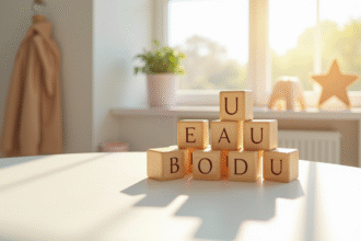 Blocs en bois pour bébé avec lettres U sur une table ensoleillée