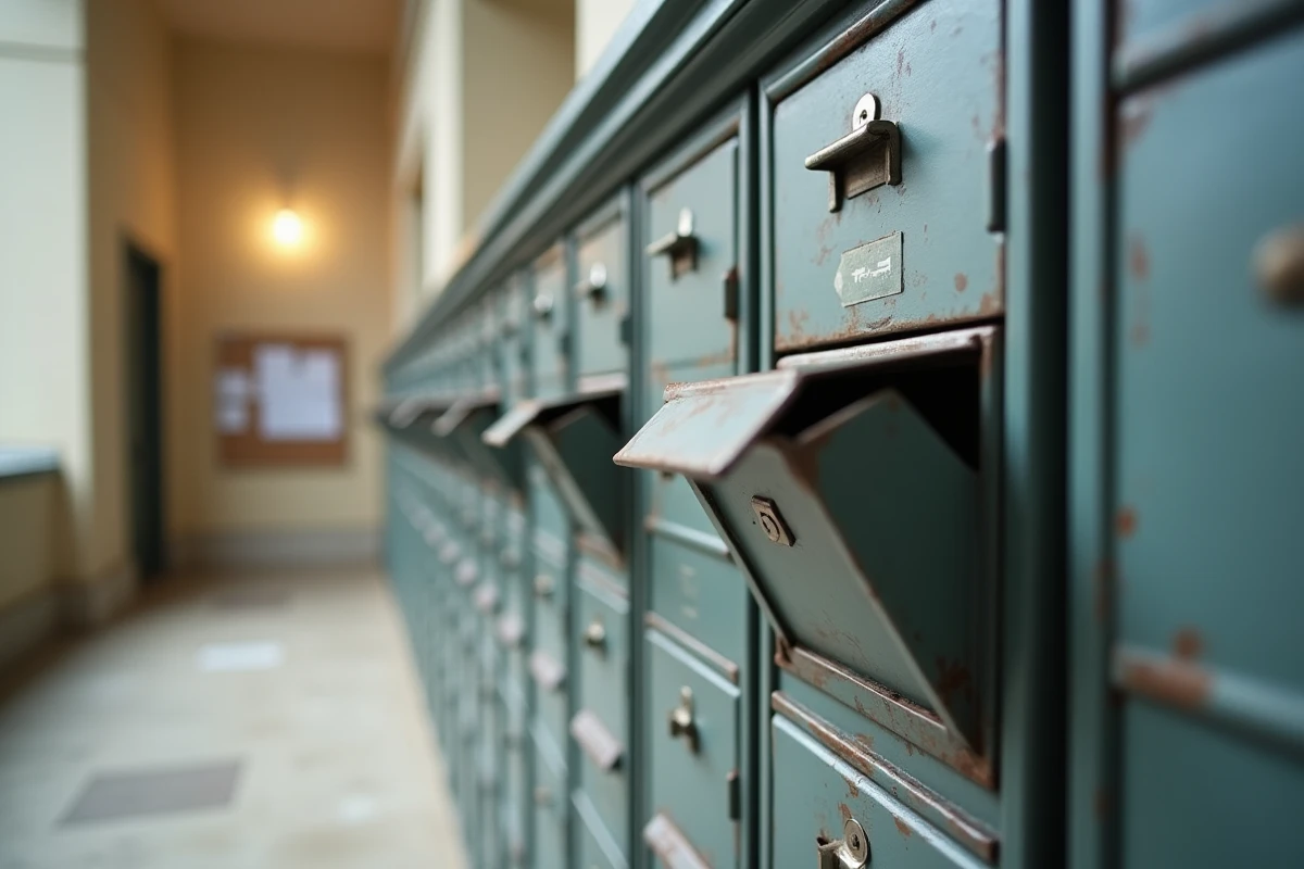 Rangée de boîtes aux lettres d'immeuble résidentiel français avec une enveloppe partiellement insérée dans une case entrouverte