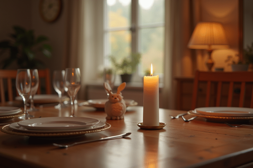 Bougie blanche allumee sur table familiale chaleureuse