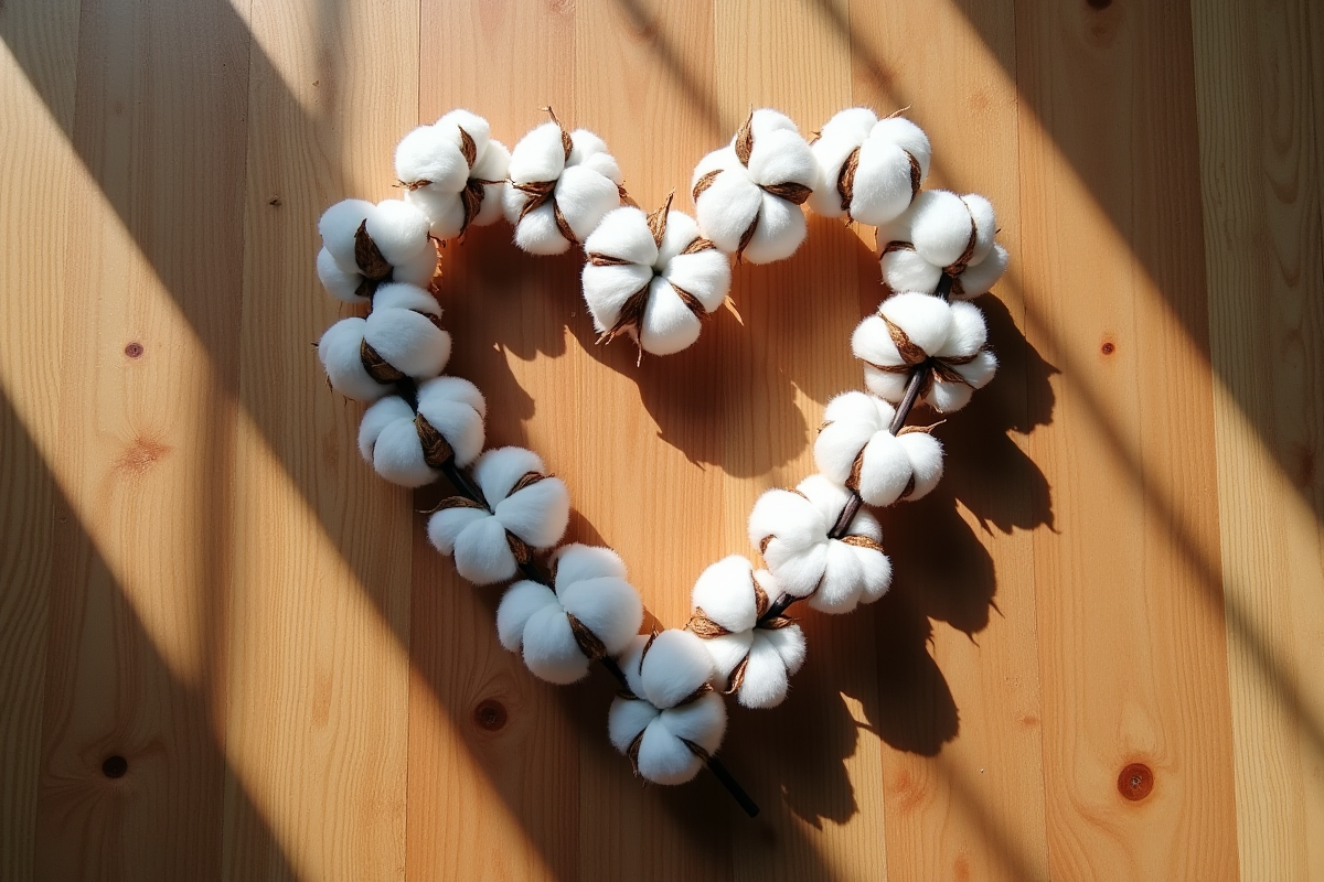 Branches de coton en forme de coeur sur une table en bois