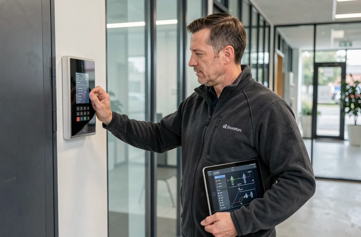 Technicien de BSV Bourgogne installant un système de sécurité électronique sur une porte commerciale à Dijon
