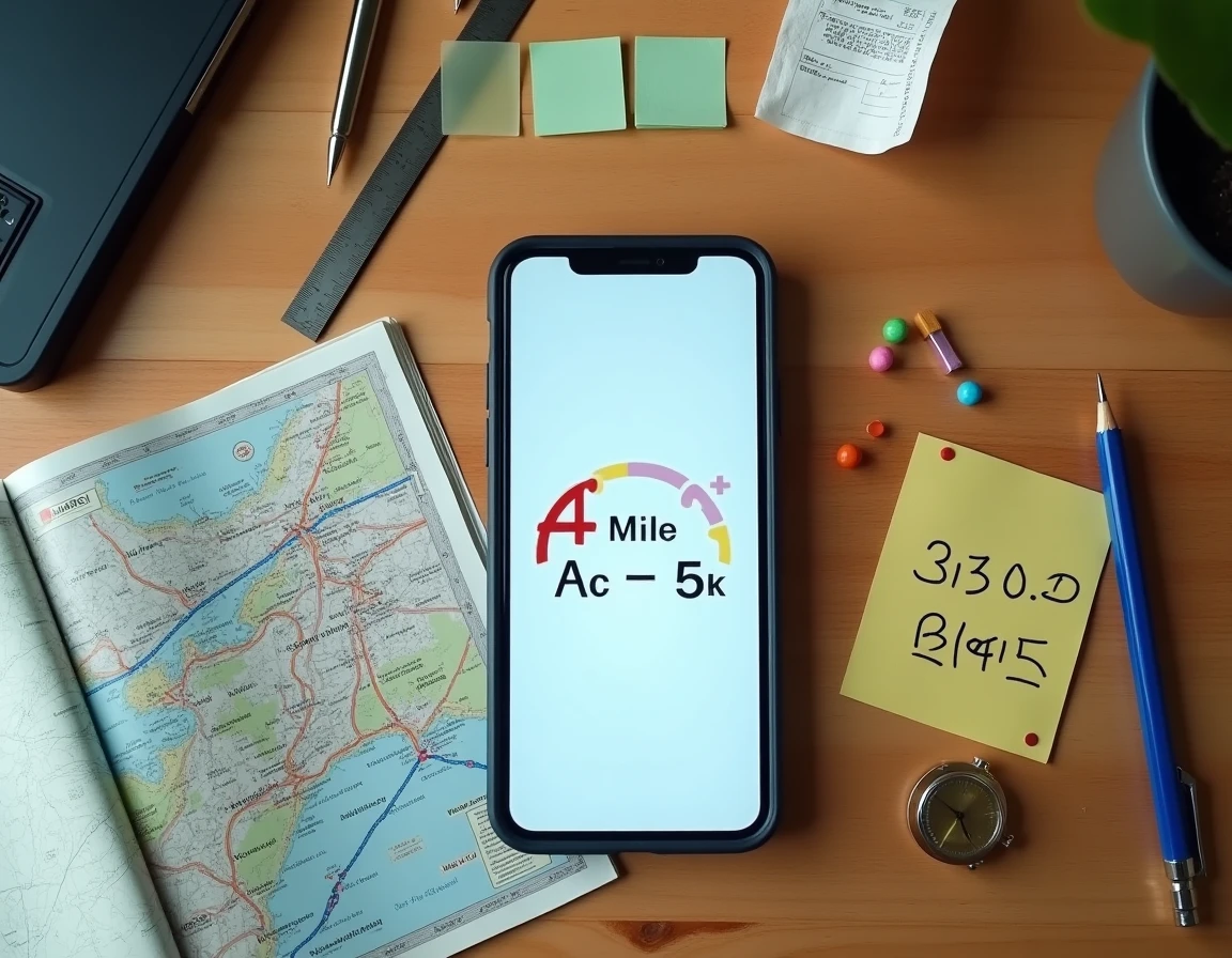 Vue aérienne d'un bureau de voyageur avec smartphone affichant une conversion miles-kilomètres et atlas routier