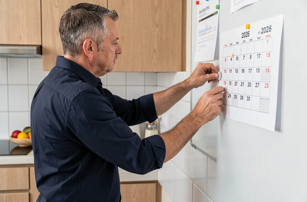 Homme accrochant un calendrier imprimé 2026 avec numéros de semaines paires et impaires sur un tableau blanc dans une cuisine moderne
