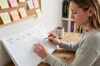 Femme consultant un calendrier papier 2026 avec semaines paires et impaires annotées sur un bureau en bois dans un bureau à domicile