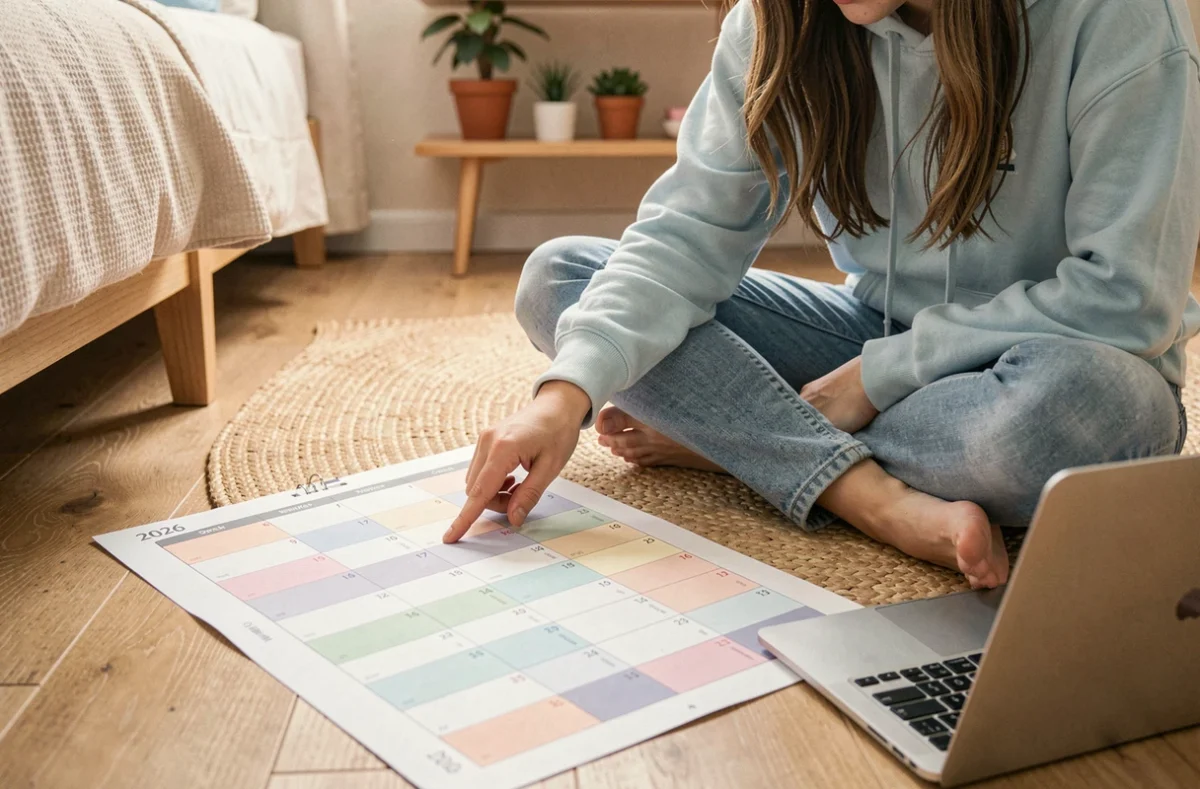 Adolescente consultant un calendrier imprimé 2026 avec semaines paires et impaires surlignées en couleurs pastel sur le sol d'une chambre
