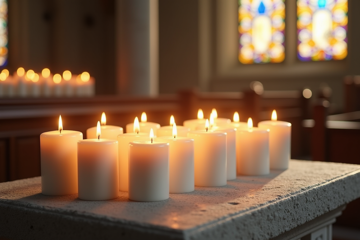Plusieurs bougies blanches sur un autel en pierre dans une eglise