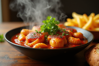 Bol de carbonade flamande avec persil frais et frites dorées