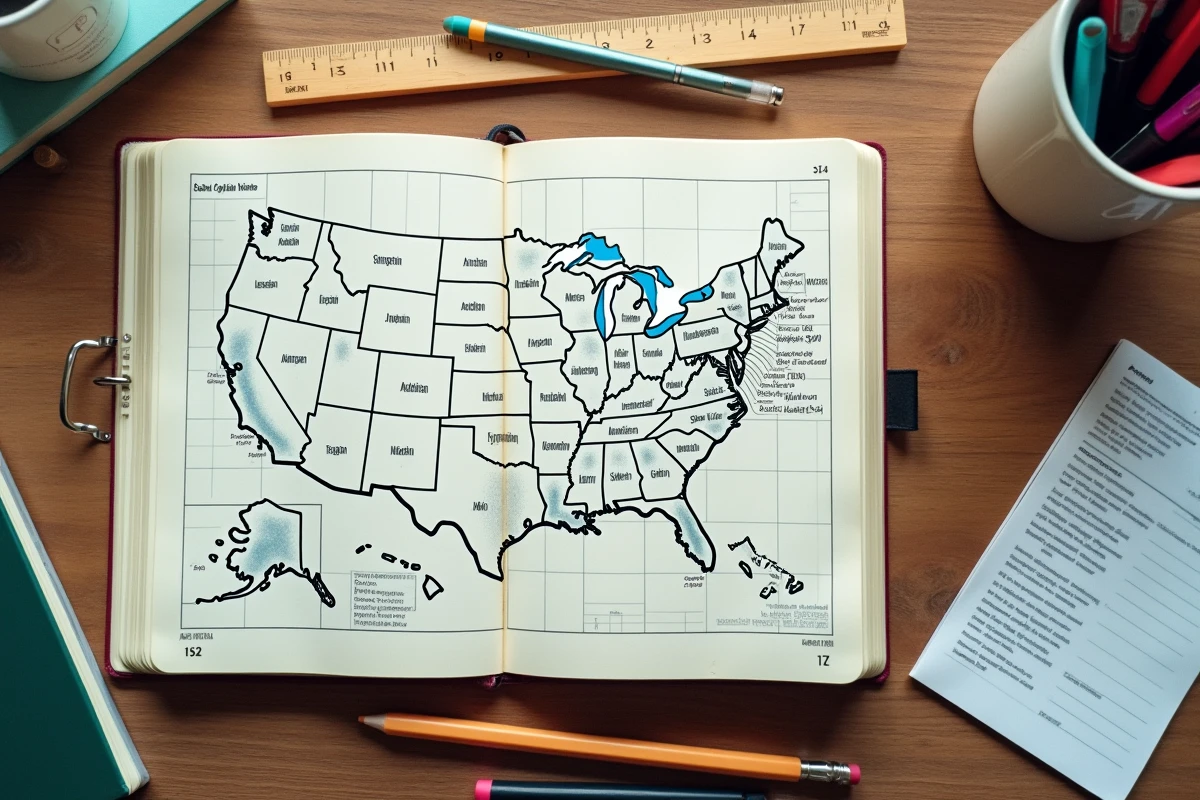 Vue aérienne d'un carnet scolaire avec une carte mentale manuscrite des États-Unis et leurs capitales