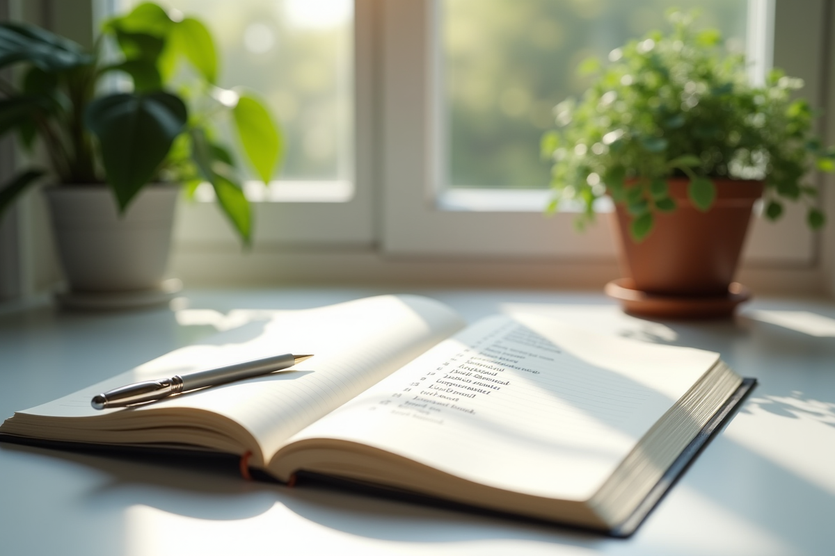 Cahier ouvert avec liste de noms commençant par U sur un bureau lumineux