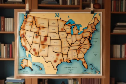 Carte murale vintage des États-Unis affichée sur un tableau en liège avec les capitales écrites à la main