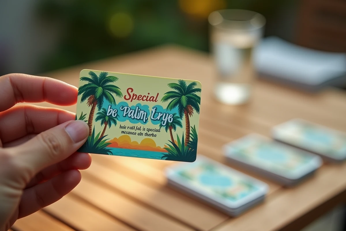 Gros plan sur une carte spéciale du jeu Palmier tenue en main avec des graphismes tropicaux colorés