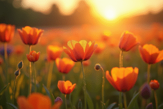 Champ de fleurs sauvages en pleine floraison au lever du soleil