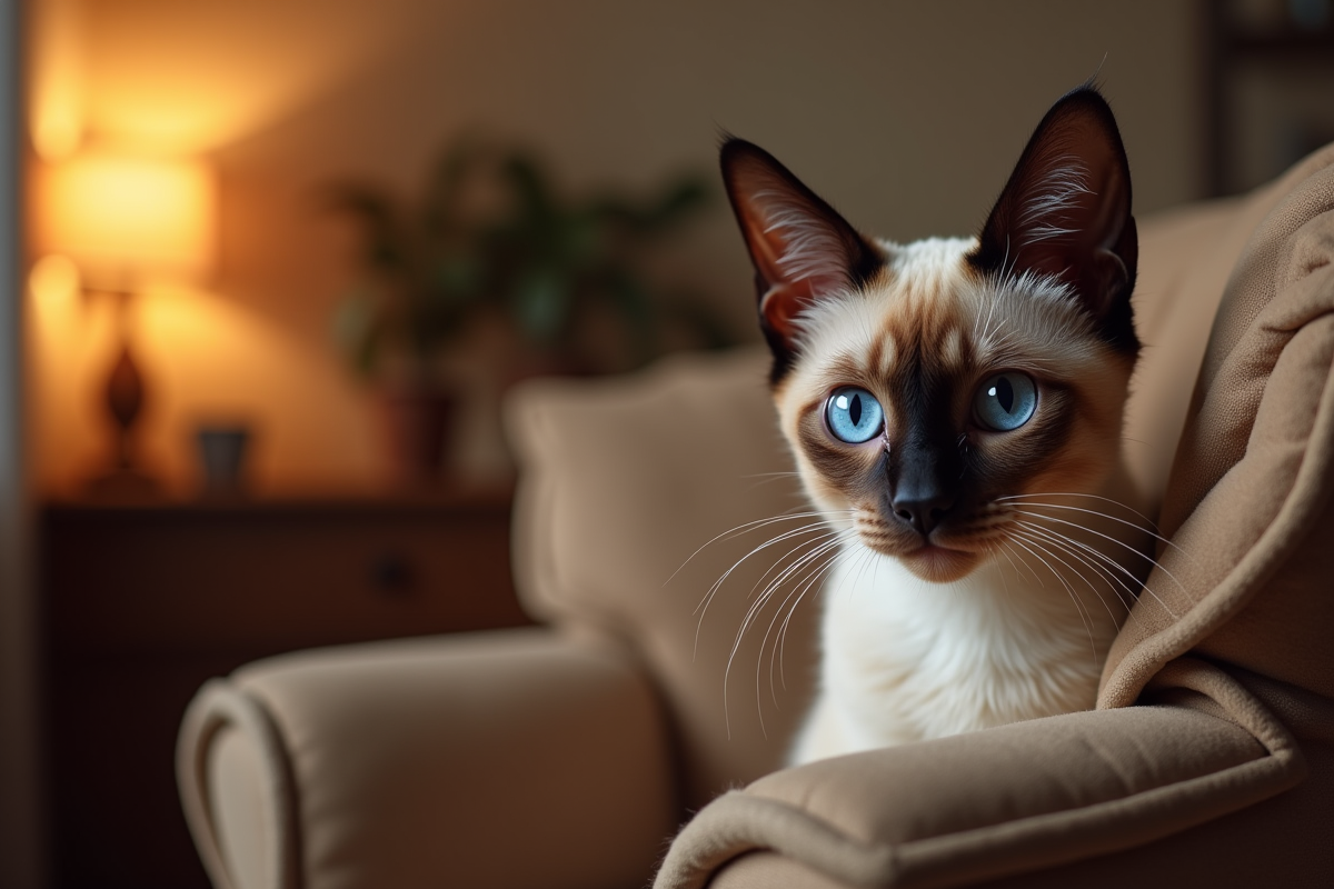 Chat siamois joue caché derrière un fauteuil