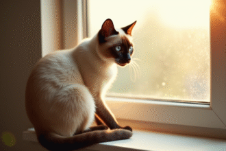 Chat siamois assis sur une fenetre ensoleillee