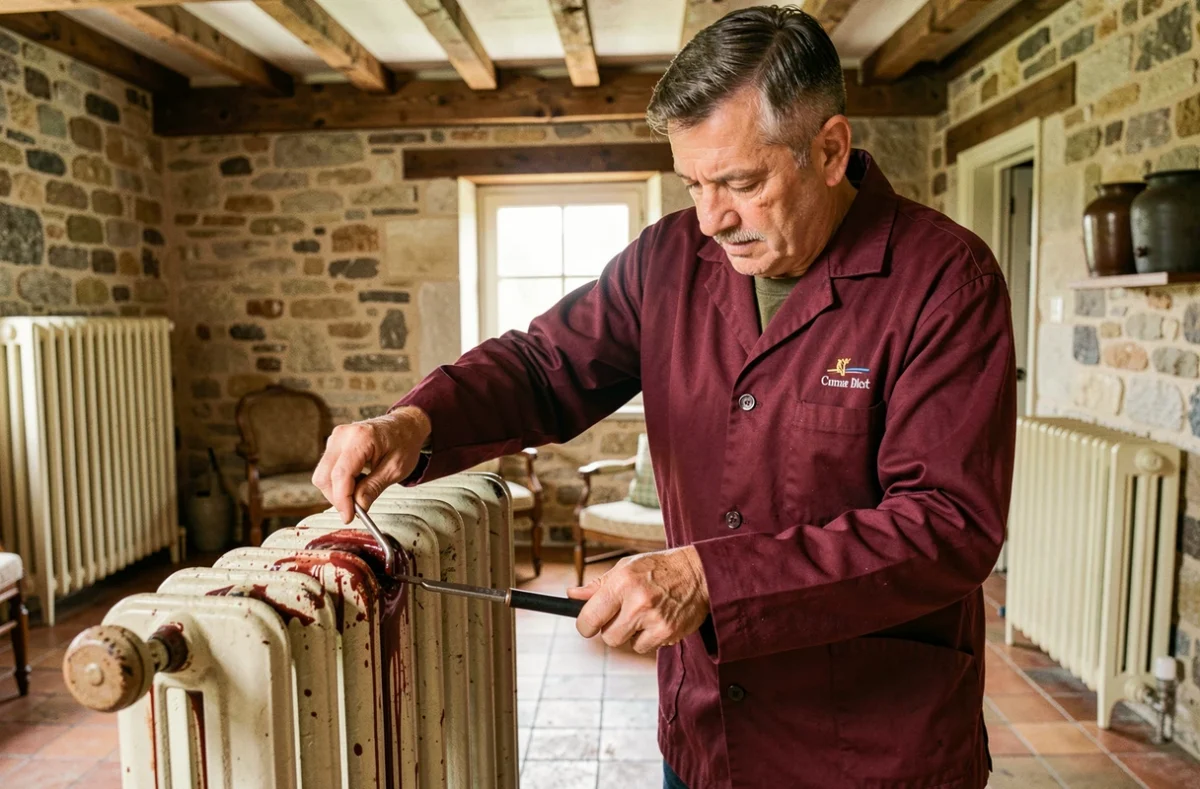 Artisan chauffagiste local purgeant un radiateur en fonte dans une maison de caractère sarthoise