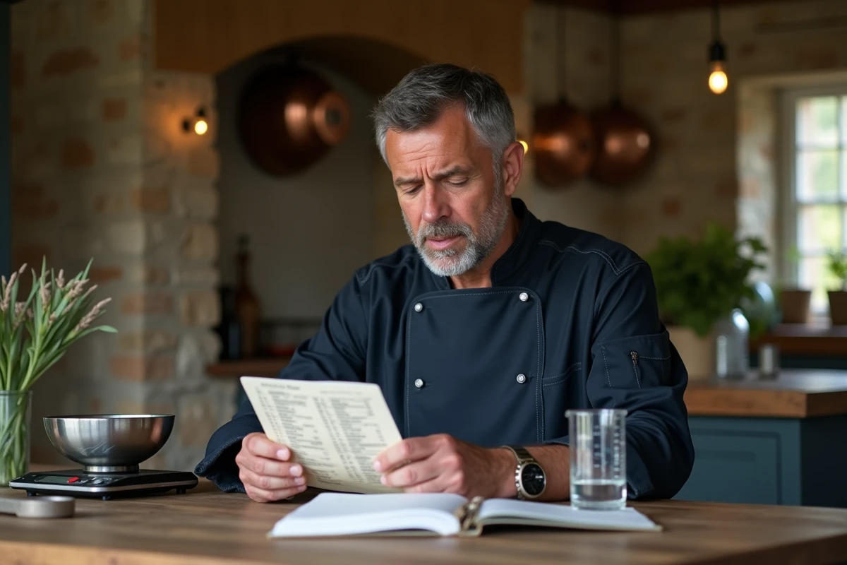 Chef cuisinier consultant un tableau de conversion litre cm3 dans une cuisine rustique avec balance et bécher gradué