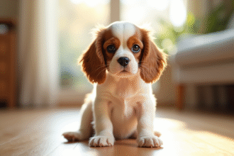 Jeune chiot cavalier king charles assis sur un sol en bois lumineux