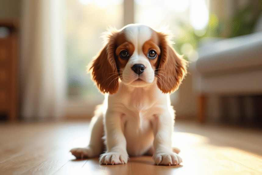 Jeune chiot cavalier king charles assis sur un sol en bois lumineux