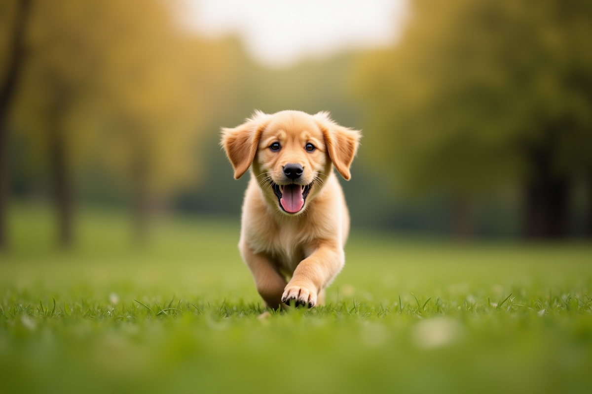 Chiot golden retriever courant dans un parc vert