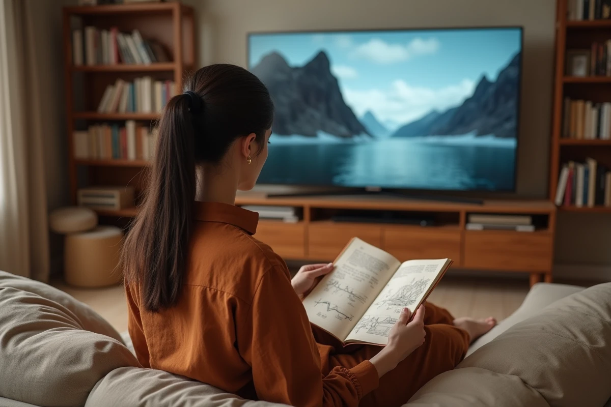 Une femme consulte ses notes sur la chronologie du Hobbit assise dans son salon devant un écran de télévision