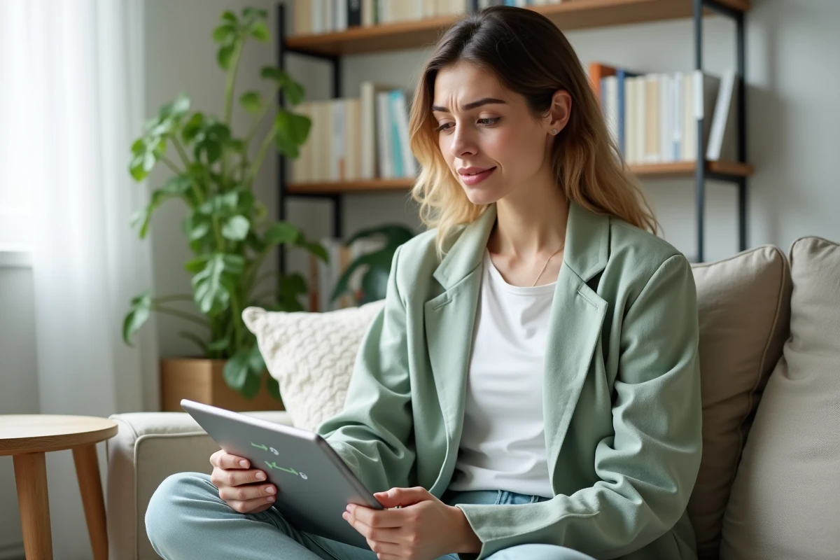 Consultante en marketing digital analysant un schéma de redirections de site web sur tablette à domicile