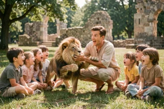 Conteur déguisé en Hercule racontant les travaux à des enfants assis dans l'herbe devant des ruines antiques