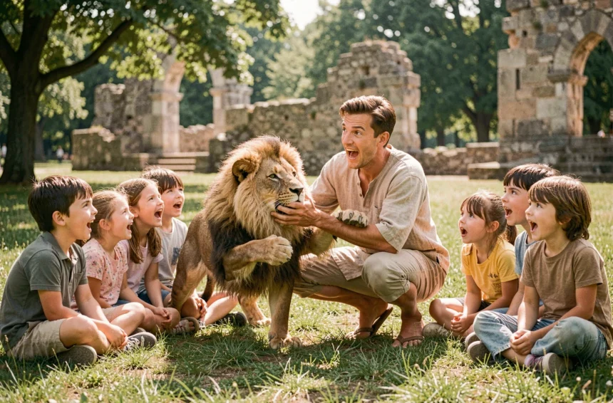 Conteur déguisé en Hercule racontant les travaux à des enfants assis dans l'herbe devant des ruines antiques