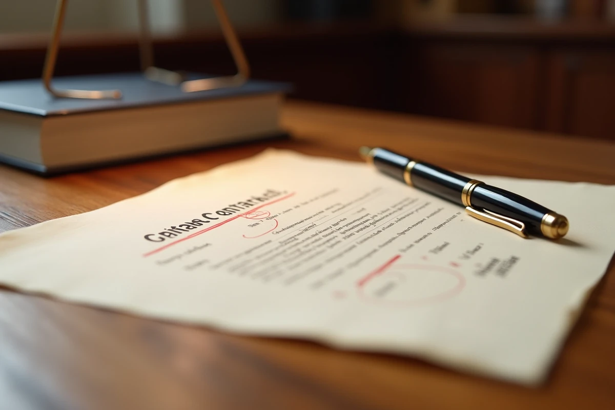 Gros plan d'un contrat annoté avec un stylo plume sur un bureau en chêne, illustrant une clause litigieuse et les erreurs pouvant engager la responsabilité précontractuelle