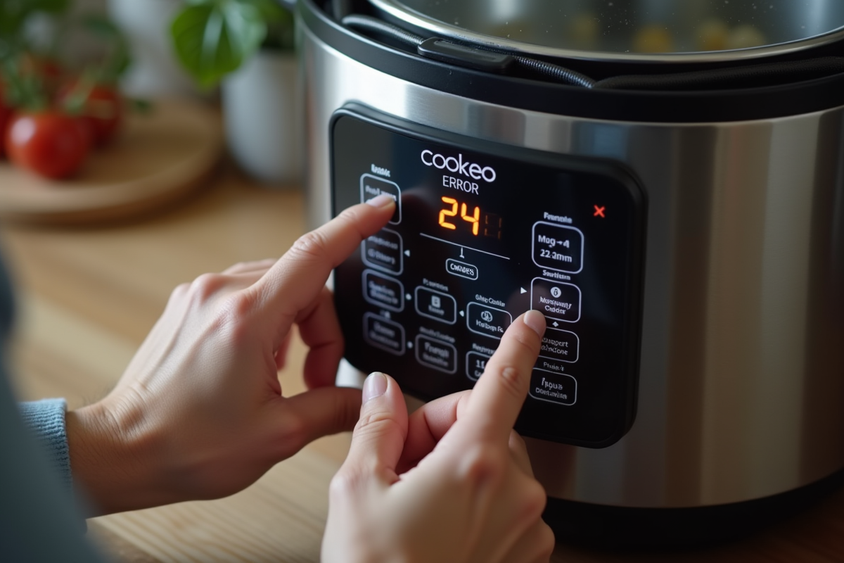 Mains manipulant le panneau de Cookeo avec erreur 24 visible